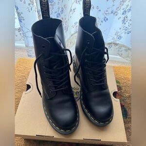 Dr. Martens Black Leather Combat Boots with Yellow Stitching
